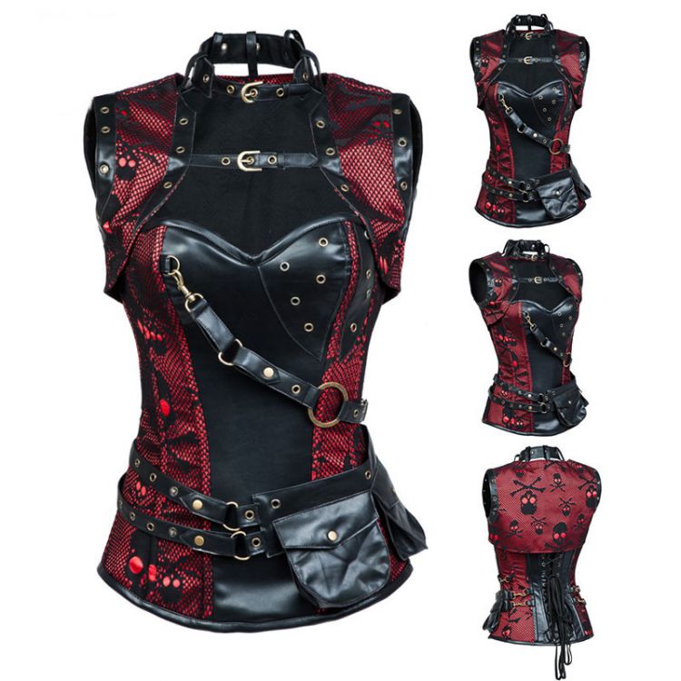  Black/Red Skull Pattern Burlesque Corset Steampunk Waist Training Corsets Gothic Clothing Corzzet 2238  1