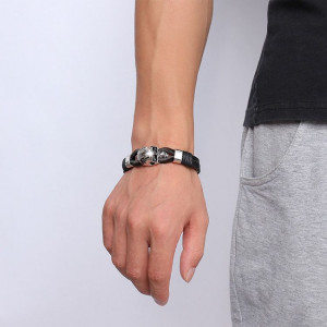  Punk Rock Mens Black Durable Leather Bracelets Gothic Skull Cuff Bangle Stainless Steel Skeleton Pul - 