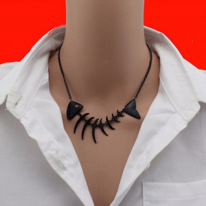 Womens Fashion Hot Black Halloween Jewelry Unique Fish Bone Pendant Short 15"Necklace Girls Gif - 