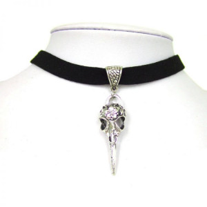  Black 10mm Flat Faux Suede Cord Crow Raven Bird Skull Charm 13" Choker Necklace 38x13mm - 