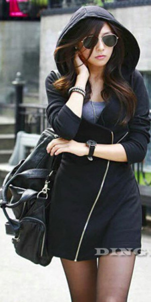  Spring Autumn Bodycon Dress Women Dress Long Sleeve Zipper Casual Hooded Hoodies Sweatshirt Vestidos - 