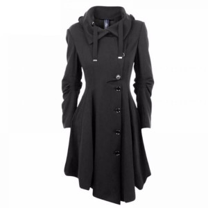  Brides Asymmetric Black Coat Stand Collar Long Sleeve Women Overcoat Elegant Single Breasted Long Sl - 