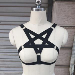  -  Women's bra black body harness sexy lingerie spandex harajuku pastel gothic pentagram cage bra - 