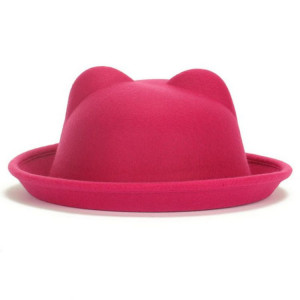  Women Fashion Vintage Wool Horn Parent-Child Bowler Fedora Hats Unisex Derby Cat Ear Cap - 