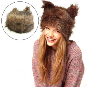  Women Faux Fur Adorable Plush Animal Ear Cap Cat Winter Fluffy Fur Hat - 