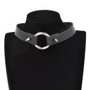  Gothic Punk Style Alloy Rivet Decoration Circle Pendant PU Leather Choker Collar Chocker - 