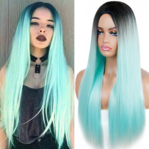  Linghang Long Straight Black Turquoise Synthetic Wig - 