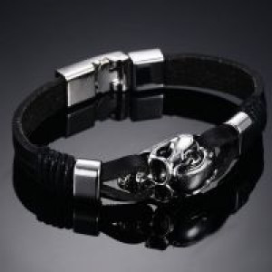  Punk Rock Mens Black Durable Leather Bracelets Gothic Skull Cuff Bangle Stainless Steel Skeleton Pul International BL-224B -  