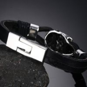  Punk Rock Mens Black Durable Leather Bracelets Gothic Skull Cuff Bangle Stainless Steel Skeleton Pul International BL-224B -  