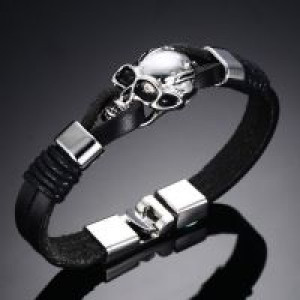  Punk Rock Mens Black Durable Leather Bracelets Gothic Skull Cuff Bangle Stainless Steel Skeleton Pul International BL-224B -  