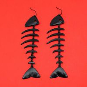  Womens Fashion Hot Black Halloween Jewelry Unique Fish Bone Pendant Short 15"Necklace Girls Gif International ED46_e_bk -  