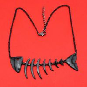 Womens Fashion Hot Black Halloween Jewelry Unique Fish Bone Pendant Short 15"Necklace Girls Gif International ED46_k_bk -  