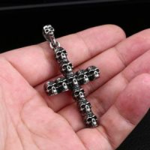  Steel soldier cross skull men pendant necklace stainless steel punk biker skull jewelry as gift International BP8-157 -  