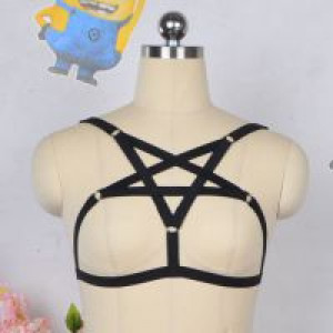  -  Women's bra black body harness sexy lingerie spandex harajuku pastel gothic pentagram cage bra International O0212_15 -  