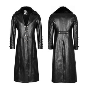  Military Uniform Long PU Leather Coat - 