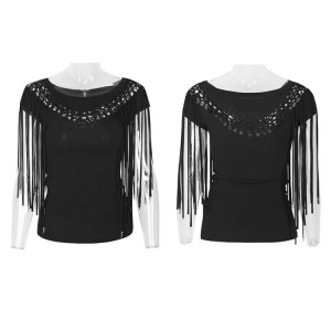  Tassel Hollow Burnt Out Knit Short Sleeve Top - 