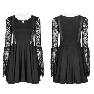  Lace Sleeves Hollow-out V Collar Fake Braces Dress - 