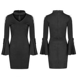  V Collar Roping Flare Sleeve Tight Hip Dress /   - 
