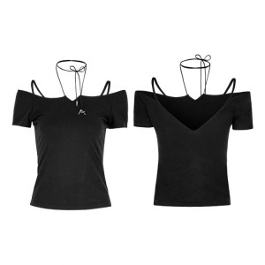  GOTH Off the Shoulder Tie Rope Necklace Slim T-shirt - 