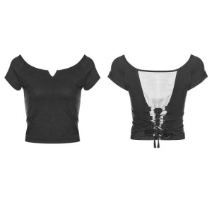  Off shoulderV Collar Stitching Bandage T-shirt - 