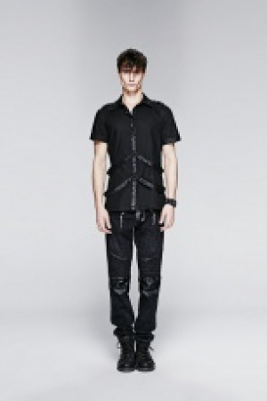 -=Metal Man turn-down short shirt with leather loops=- Punk Rave Y-575/BK -  