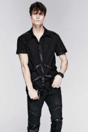  -=Metal Man turn-down short shirt with leather loops=- Punk Rave Y-575/BK -  