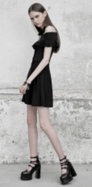  Off Shoulder Lotus Leaf Ice Silk Dress Punk Rave +OPM-096TMF/BK -  