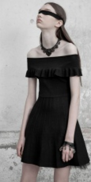  Off Shoulder Lotus Leaf Ice Silk Dress Punk Rave +OPM-096TMF/BK -  