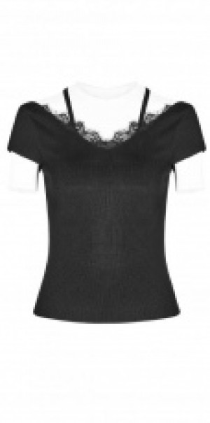 Lace V-collar Short Sleeve Knitted T-shirt Punk Rave OPM-097TMF/BK -  
