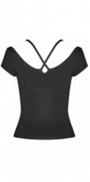  Lace V-collar Short Sleeve Knitted T-shirt Punk Rave OPM-097TMF/BK -  