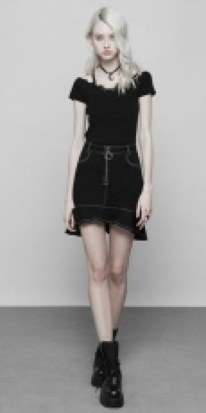  Lace V-collar Short Sleeve Knitted T-shirt Punk Rave OPM-097TMF/BK -  