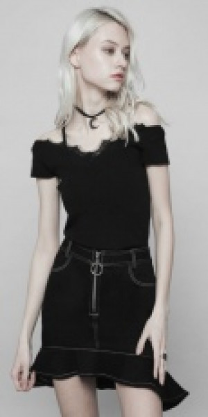  Lace V-collar Short Sleeve Knitted T-shirt Punk Rave OPM-097TMF/BK -  