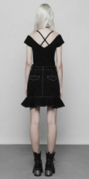  Lace V-collar Short Sleeve Knitted T-shirt Punk Rave OPM-097TMF/BK -  