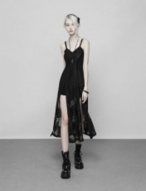 Dark Lace Strap Heavy Industry Corn Rope Slit Dress Punk Rave OPQ-379LQF/BK -  