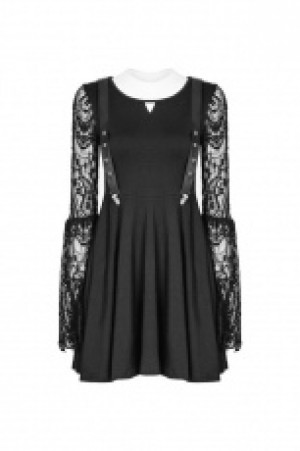  Lace Sleeves Hollow-out V Collar Fake Braces Dress Punk Rave OPQ-391LQF/BK -  