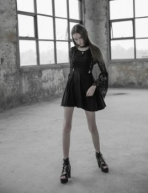  Lace Sleeves Hollow-out V Collar Fake Braces Dress Punk Rave OPQ-391LQF/BK -  