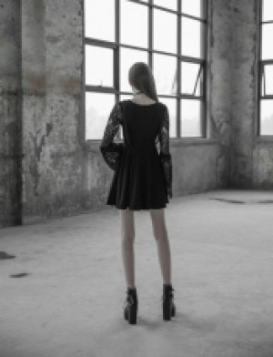  Lace Sleeves Hollow-out V Collar Fake Braces Dress Punk Rave OPQ-391LQF/BK -  