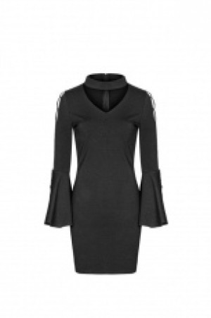  V Collar Roping Flare Sleeve Tight Hip Dress /   -  1