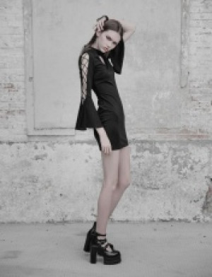  V Collar Roping Flare Sleeve Tight Hip Dress /   -  5