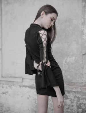  V Collar Roping Flare Sleeve Tight Hip Dress /   -  6