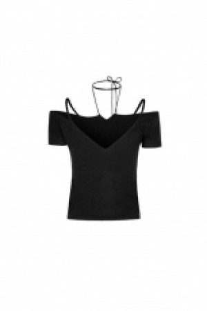  GOTH Off the Shoulder Tie Rope Necklace Slim T-shirt -  3