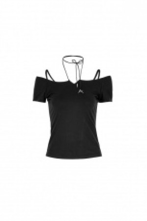  GOTH Off the Shoulder Tie Rope Necklace Slim T-shirt -  1