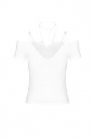  GOTH Off the Shoulder Tie Rope Necklace Slim T-shirt -  3