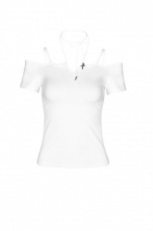  GOTH Off the Shoulder Tie Rope Necklace Slim T-shirt -  1