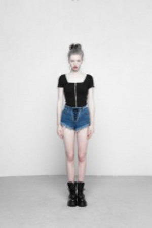  Square Collar Short Sleeve Knit Cardigan T-shirt Punk Rave OPY-317ZDF/BK -  