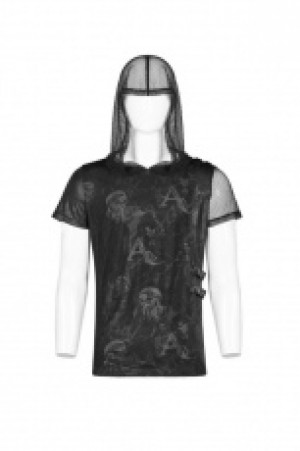  Punk Print Short Sleeve Hooded T-shirt Punk Rave WT-560TDM/BK -  