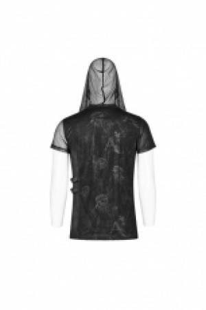  Punk Print Short Sleeve Hooded T-shirt Punk Rave WT-560TDM/BK -  