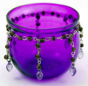  T-Light Holder Purple Glass Cup And Metal Beads H6cm - 