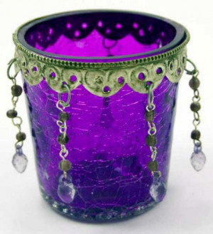  T-Light Holder Purple Glass Cup With Beads H7cm - 