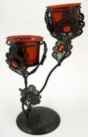 T-Light Holder With Double Red Glass Cups And Flowers Cleopatra 98437 -  